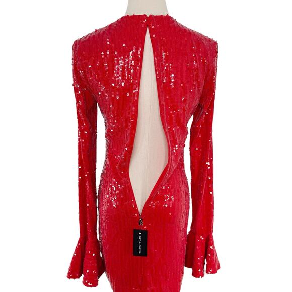 NWT ROTATE Birger Christensen Sequins Long Sleeve Mini Dress Red Cocktail Size 4 - Picture 9 of 16
